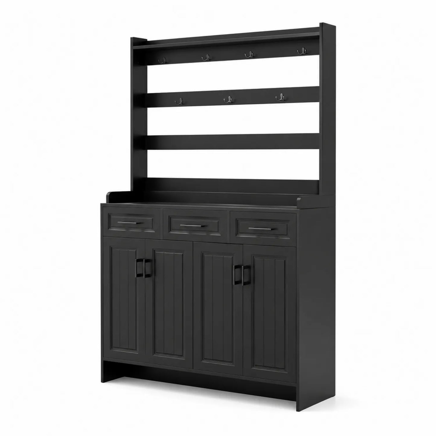 Schwarzer Garderobenschrank aus MDF mit Haken und Schubladen