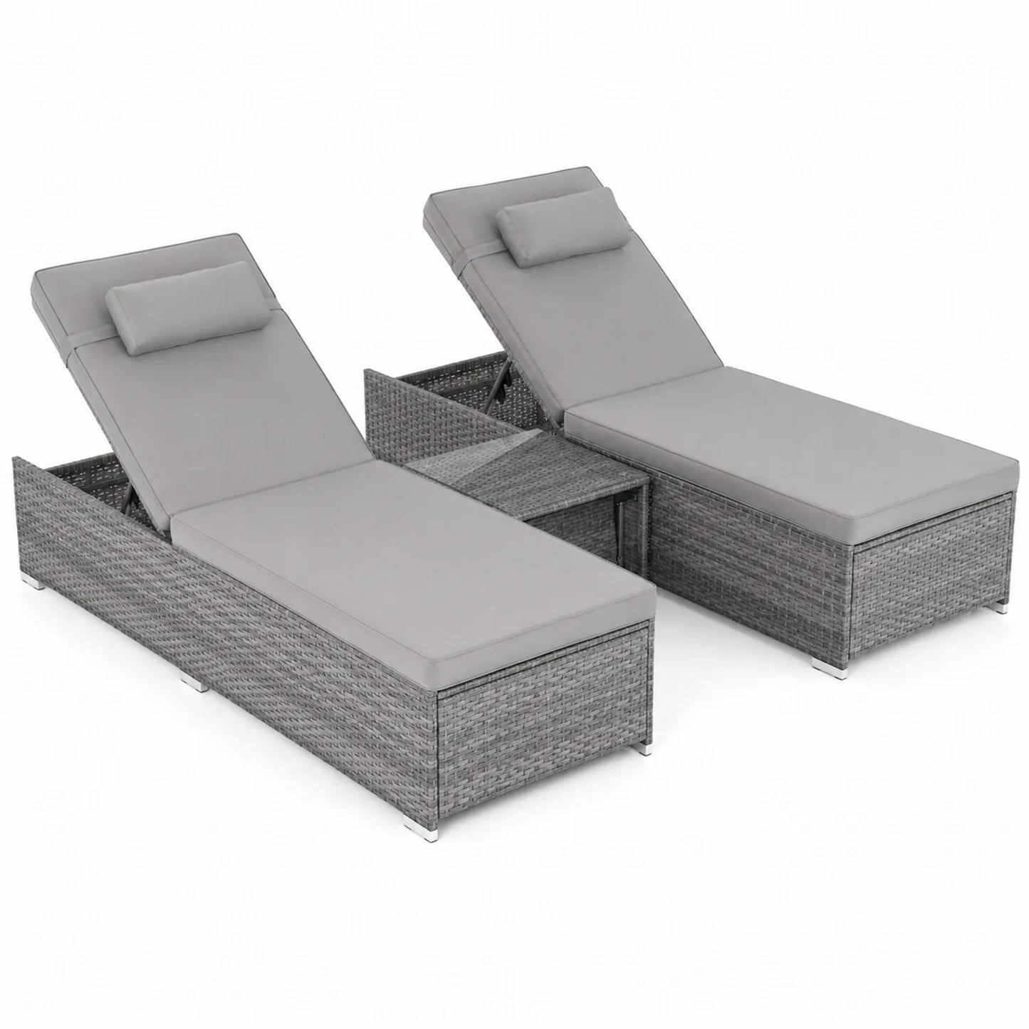 2-teiliges Outdoor-Lounge-Set mit Verstellbaren Liegen aus Polyrattan und Tisch Grau