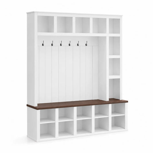 Garderobenständer aus MDF Weiß mit Sitzbank und Ablagen 180cm