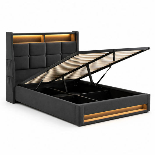 Polsterbett mit Stauraum und LED-Beleuchtung Schwarz 200x180 cm